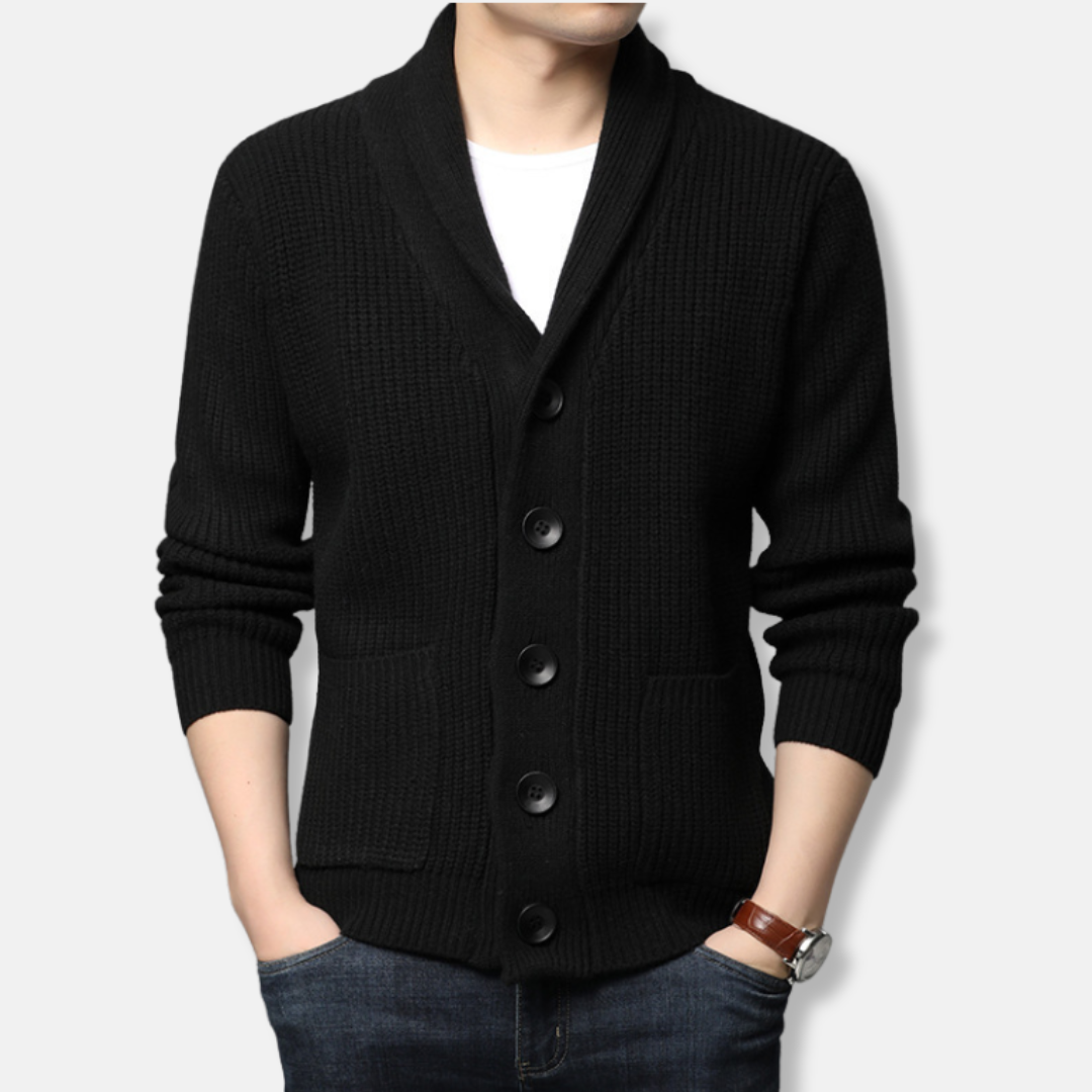 Men's Cardigan Sweater Ribbed Knit With Shawl Collar And Button Front Patch Pockets