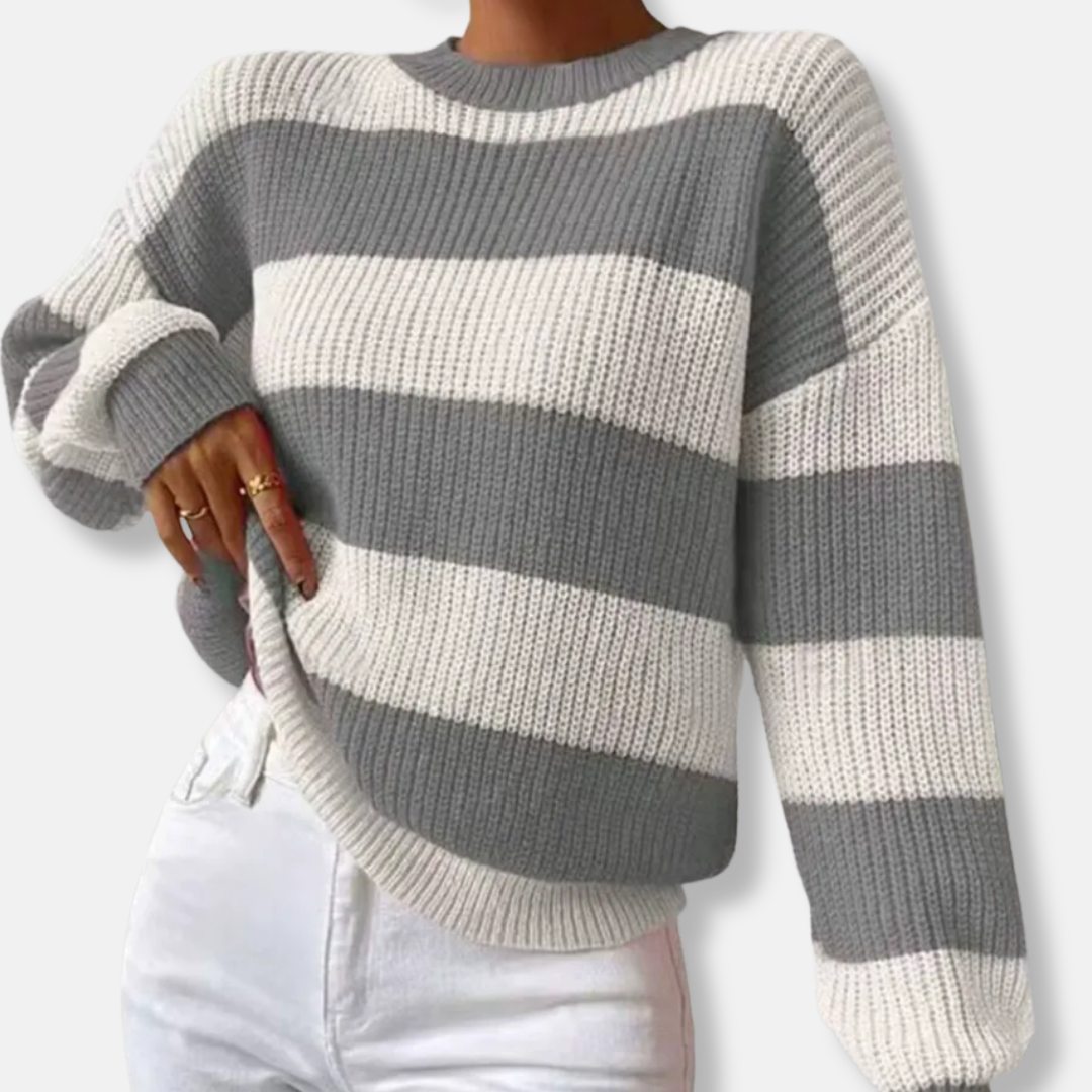 Women’s Sweatshirt – Ribbed Knit – Loose Fit – Balloon Sleeves – Round Neck – Striped
