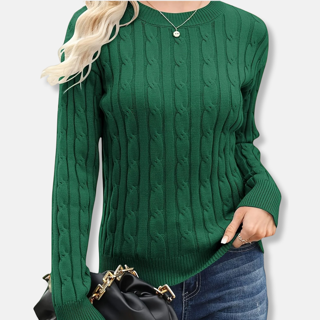 Women’s Sweater - Fine Gauge Knit - Crew Neck - Long Sleeve - Cable Knit Pattern