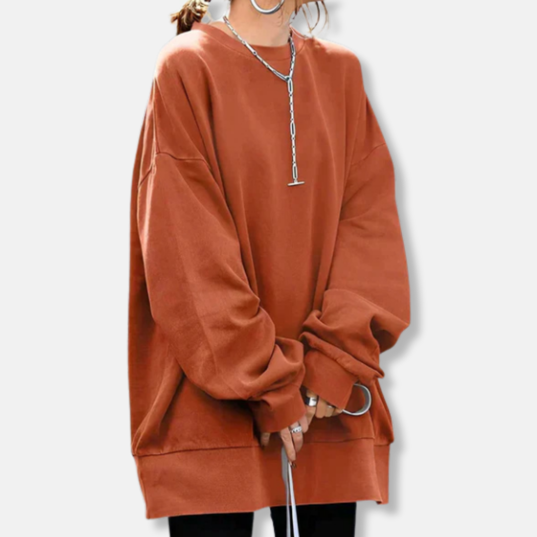 Women’s Sweatshirt - Soft Knit - Oversized Fit - Ribbed Crew Neck - Tunic Length