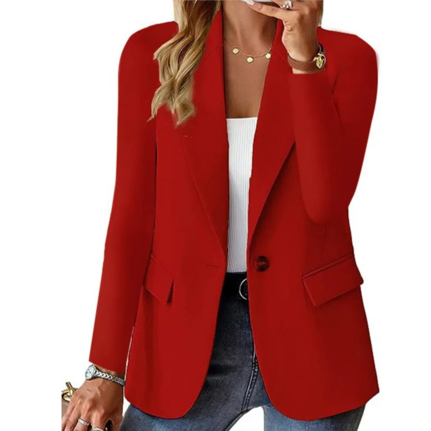 Casual long-sleeve blazer with slim pocket and buckle for women