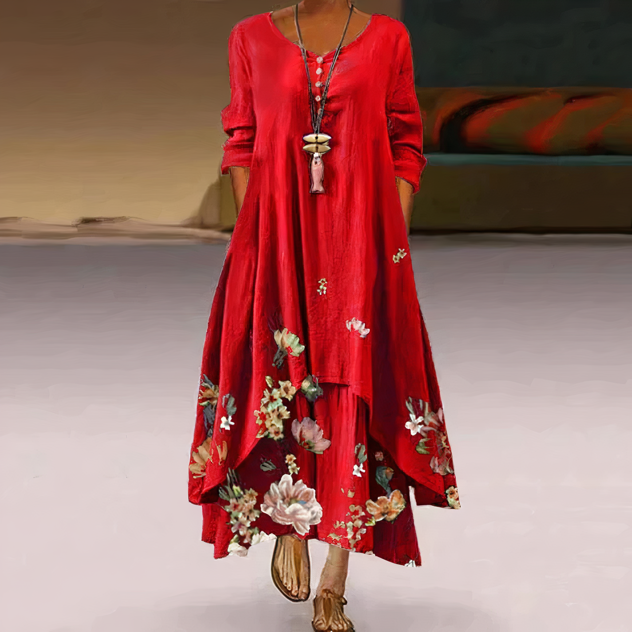 Mica Elegant Cotton Dress For Women With Pockets, Vintage Round Neckline, Long Sleeves