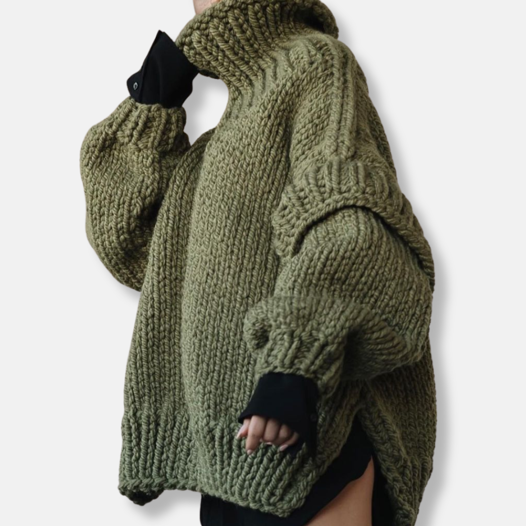 Women’s Pullover Sweatshirt – Chunky Knit Wool – Oversized Fit – Turtleneck Ribbed Cuffs