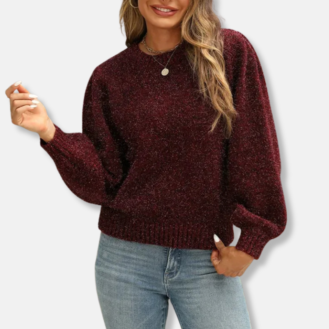 Women’s Sweatshirt – Relaxed Fit – Plush Knit – Puff Sleeves – Crew Neck Casual Top