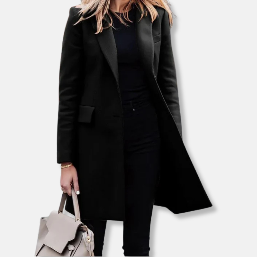 Women’s Longline Coat – Tailored Fit – Wool Blend – Notched Lapels – Flap Pockets