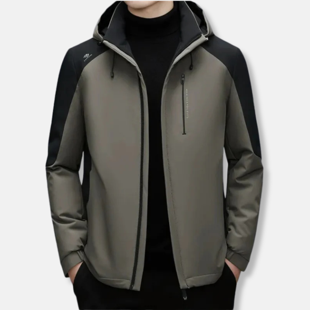 Men's Hooded Color Block Jacket In Synthetic Blend With Straight Fit And Hip Length
