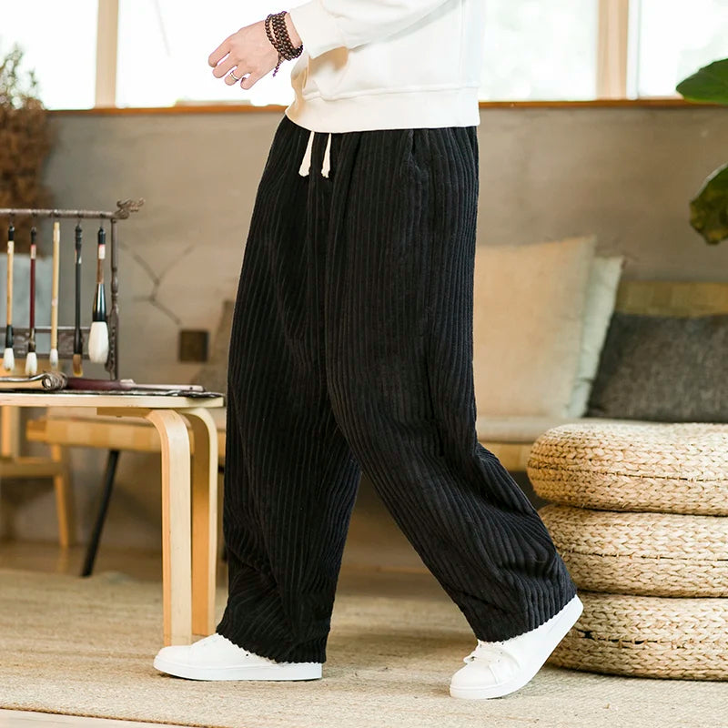 Relaxed Fit Pleated Corduroy Harem Pants For Men Solid Casual Lounge Wear With Drawstring Waist