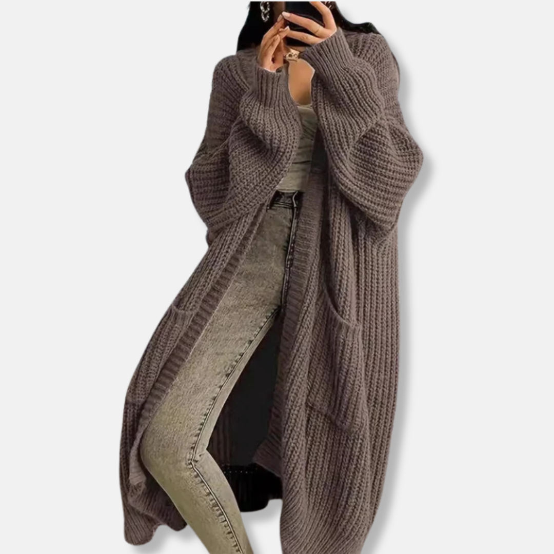 Women’s Cardigan - Ribbed Knit - Oversized Fit - Maxi Length - Open Front - Pockets
