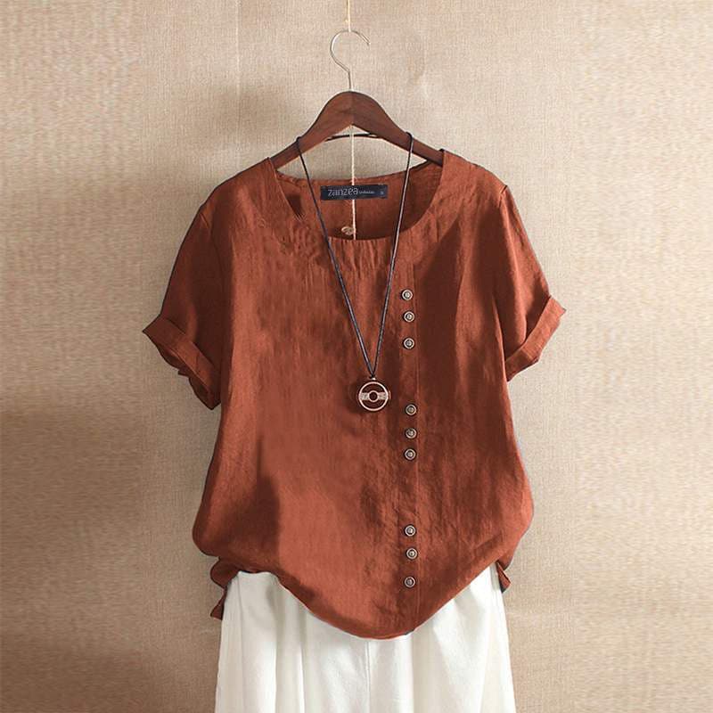 Women’s Blouse – Relaxed Fit – Cotton Blend – Short Sleeve – Asymmetrical Front Buttons