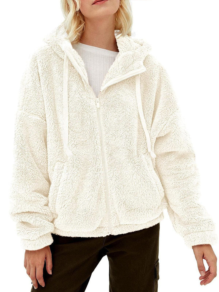 Oversized Sherpa Fleece Hoodie With Full Zip Closure For Women Cozy Warmth And Slanted Front Pockets