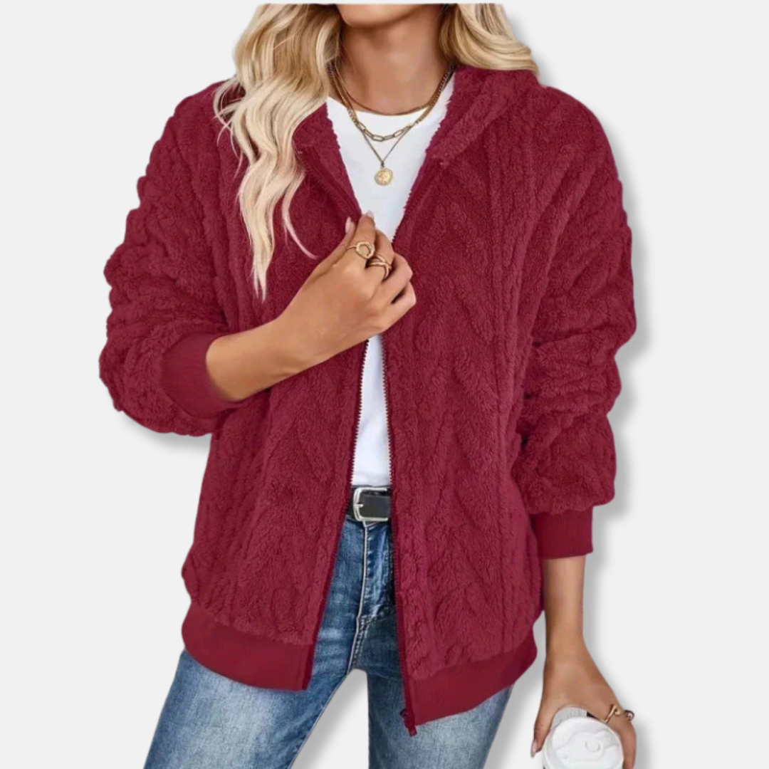 Women’s Hooded Jacket - Plush Knit - Oversized Relaxed Fit - Full-Zip - Ribbed Cuffs