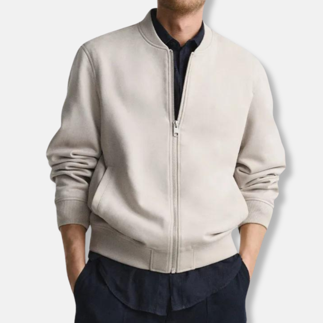 Men's Suede Bomber Jacket Zip Closure With Ribbed Edges Regular Fit In Brown Cognac