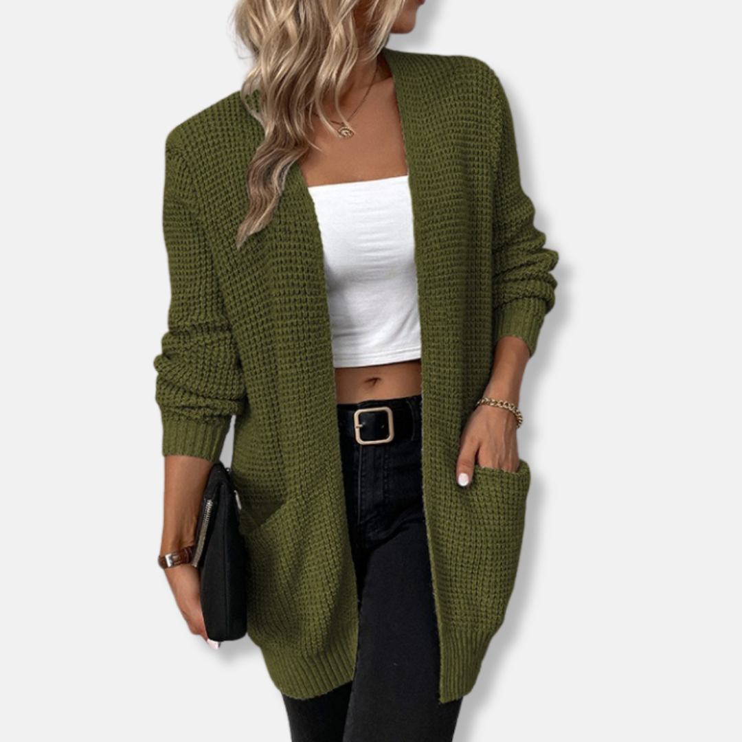 Women’s Cardigan – Relaxed Fit – Knitted Waffle Texture – Open Front – Patch Pockets