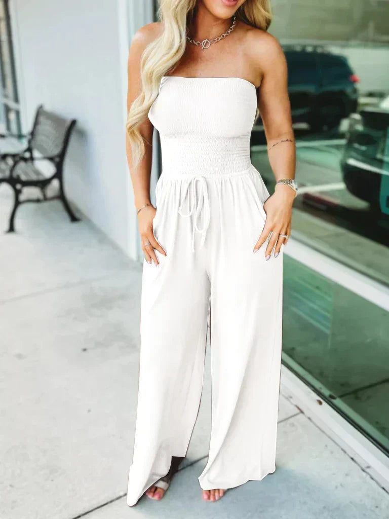 Women's Jumpsuit - Smock Top - Adjustable Waist - Wide Leg - Light and Comfortable