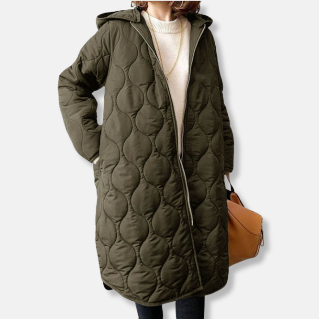 Women’s Quilted Jacket – Oversized Fit – Long Length – Hooded with Zip Closure