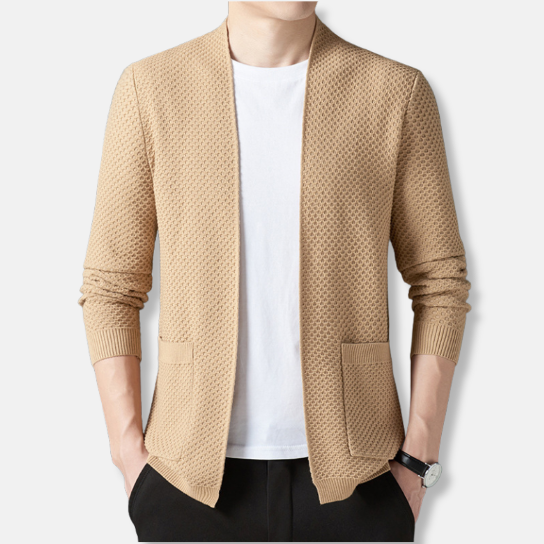 Men's Knit Cardigan Open Front Textured Waffle Pattern Relaxed Fit Hip Length Ideal For Fall Wardrobe