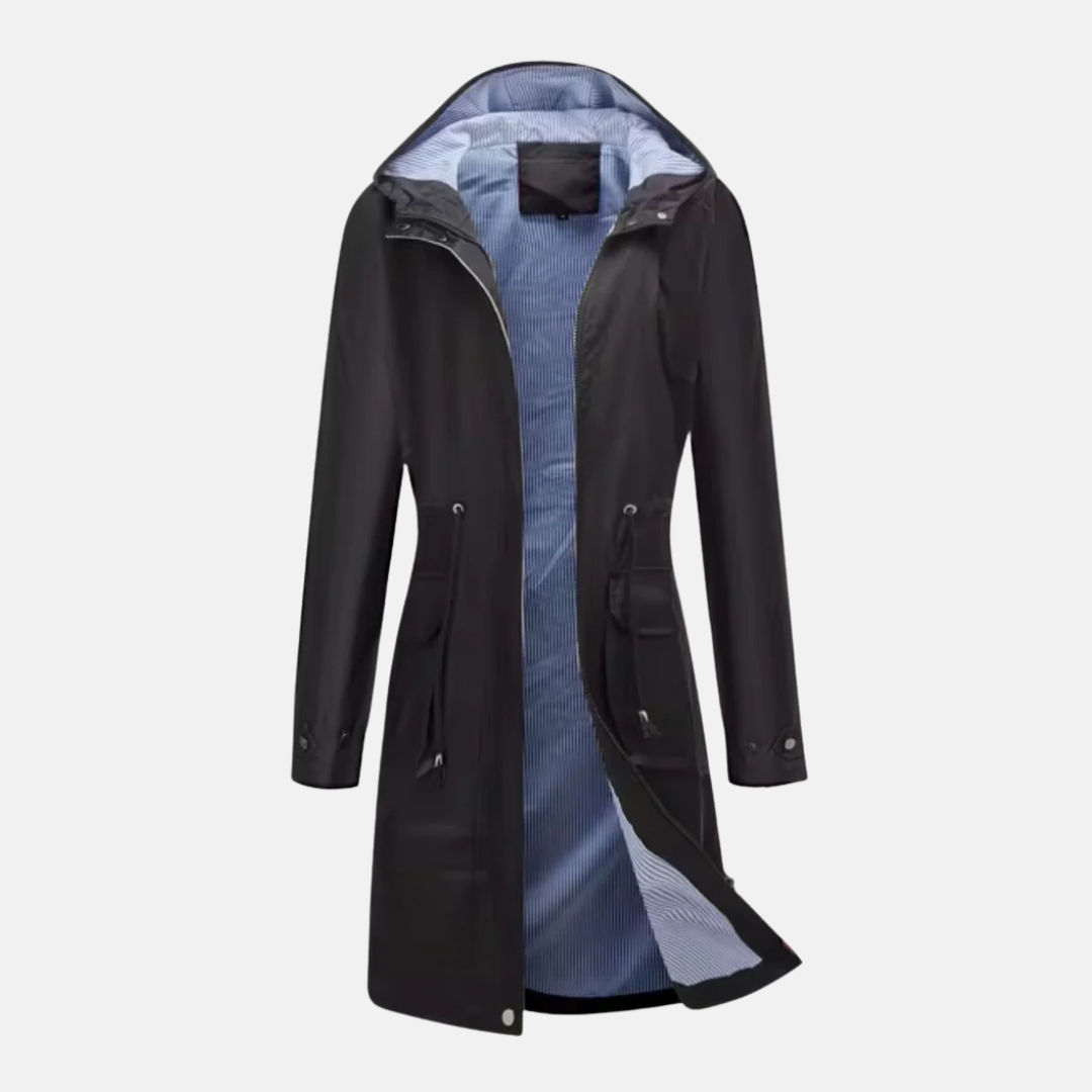 Women’s Long Hooded Jacket – Water-Resistant – Adjustable Waist – Zip Front – Flap Pockets