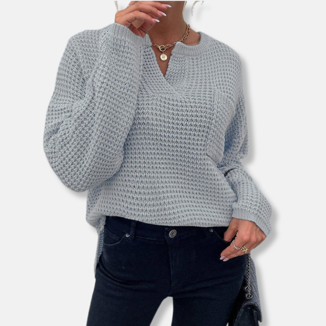 Women’s Sweater - Waffle Knit - Relaxed Fit - Notched Round Neck - Long Cuffed Sleeve