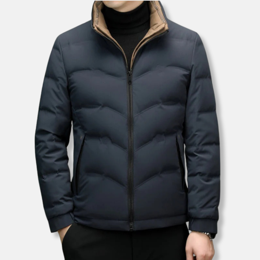 Mens Jacket With Woven Fabric Quilted Chevron Pattern Stand Up Collar Zipper Pockets Warm Winter Outerwear