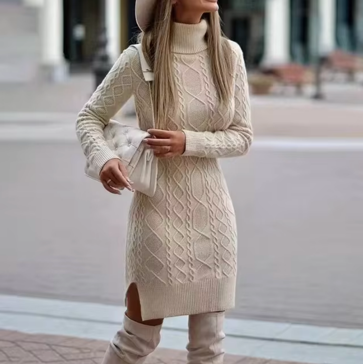 Women’s Knitted Jumper Dress | Roll Neck with Cable Knit Pattern