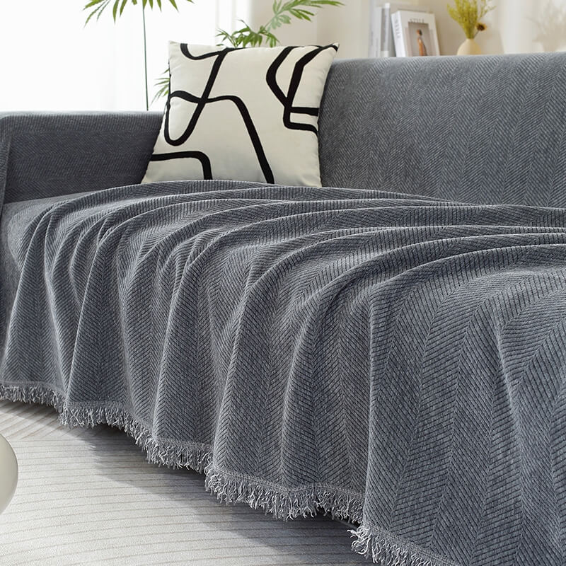 Chenille Herringbone Throw Blanket with Tassel Edging