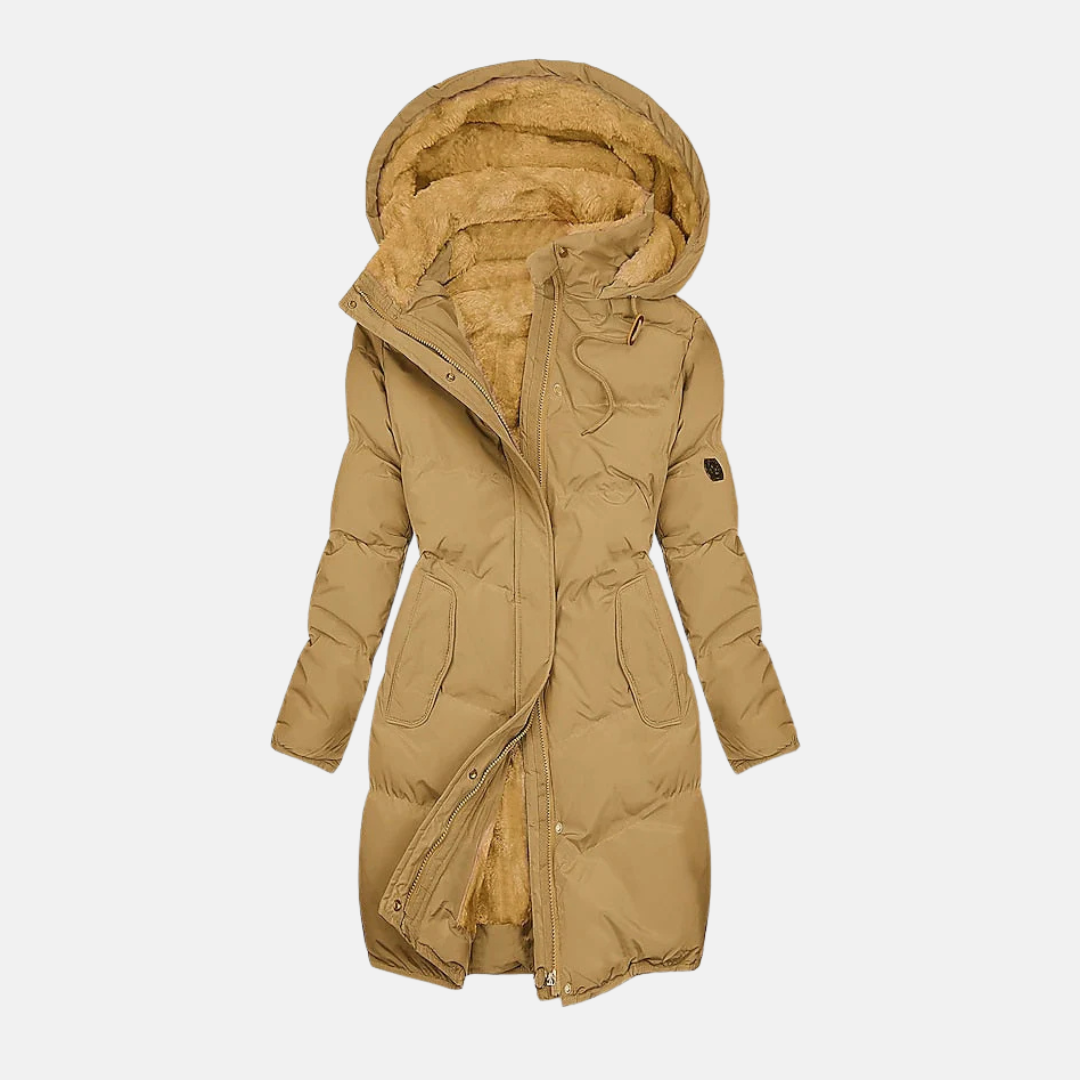 Women’s Long Puffer Coat – Quilted Design – Plush Lined Hood – Adjustable Waist