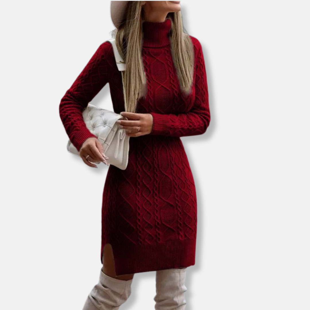 Women’s Mini Dress – Slim Fit – Wool Blend Knit – Turtleneck – Long Sleeve – Side Slit