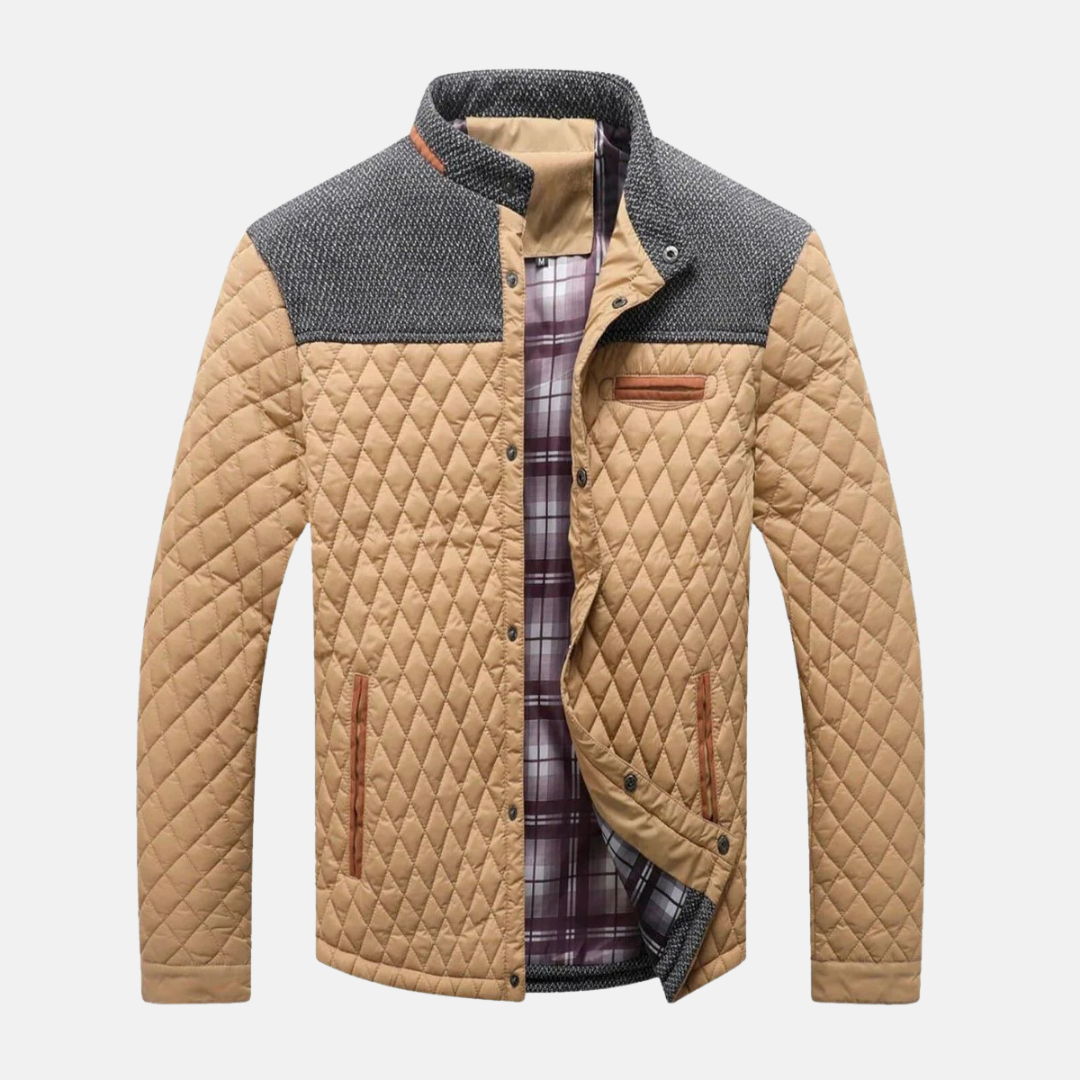 Men's Diamond Quilted Jacket in Woven Blend with Standing Band Collar and Contrast Trim