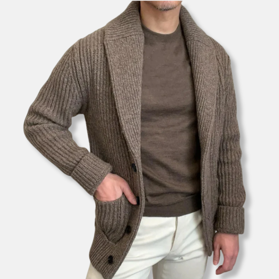 Men's Cardigan In Wool Blend With Relaxed Fit Shawl Collar Ribbed Knit Button Front
