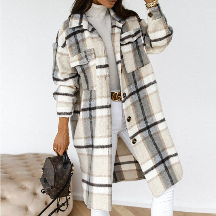 Women's Wool Coat - Long Silhouette - Classic Button Closure - Checked Pattern