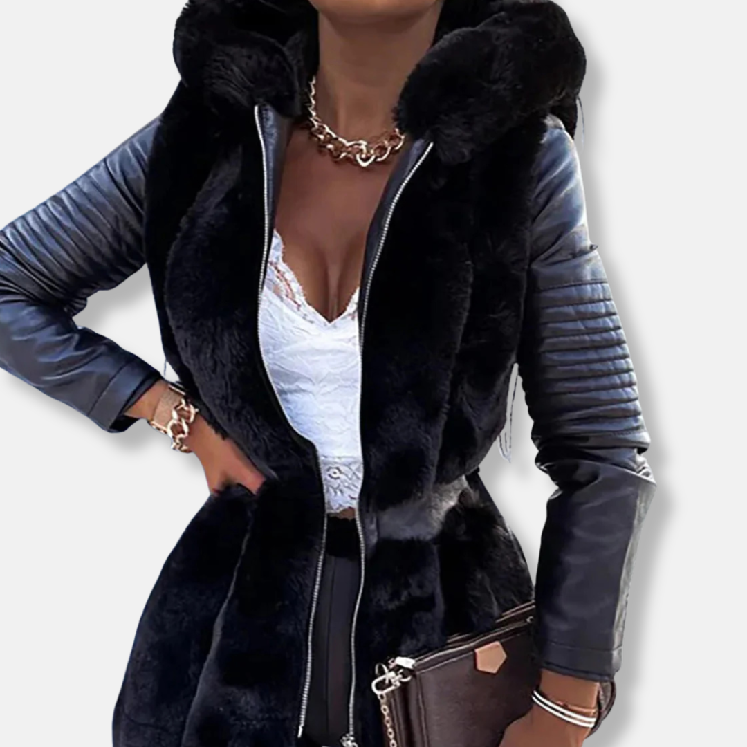 Women’s Mid-Length Coat – Faux Fur Front – Belted Waist – Padded Sleeve – Tailored Fit