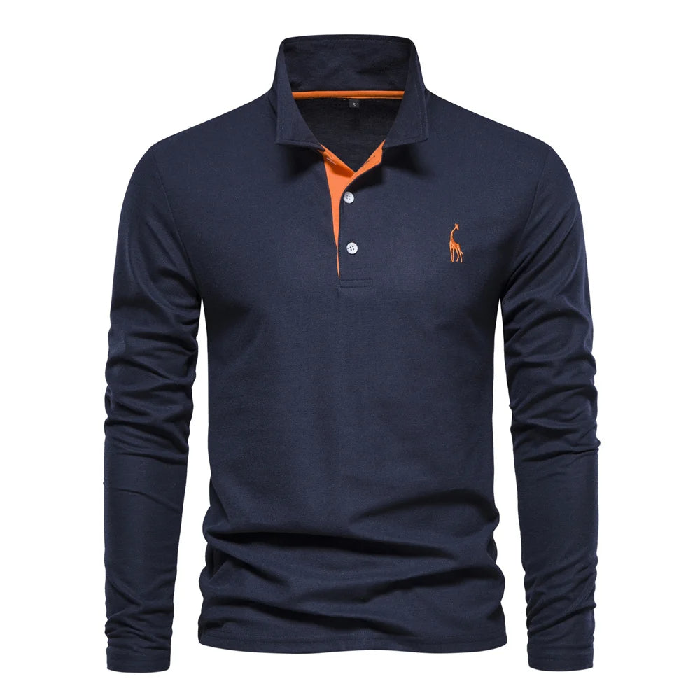 Mens Long Sleeve Polo Shirt By Designer For Professionals With Refined Deer Embroidery And Smart Design