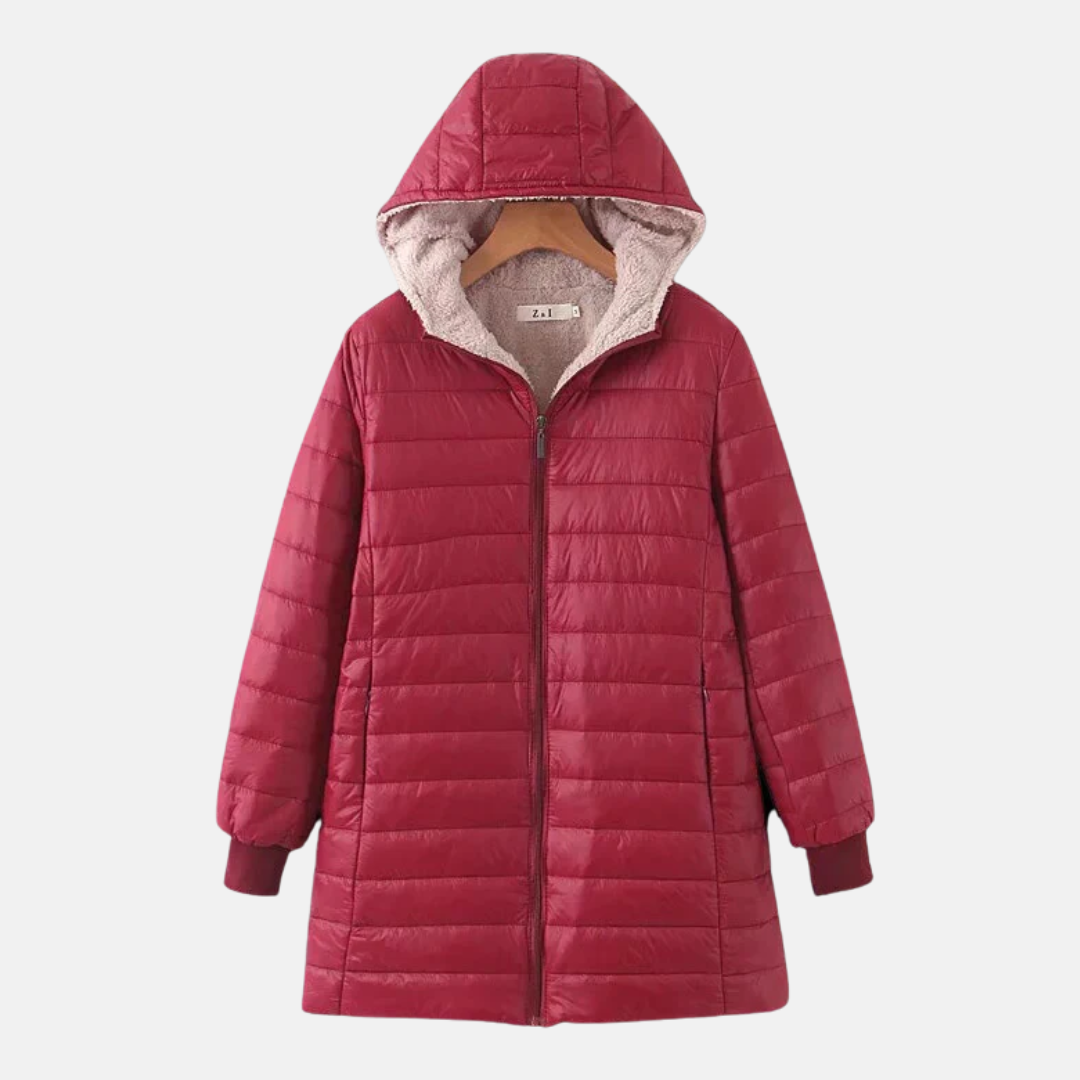 Women’s Quilted Coat – Mid-Length – Hooded – Fleece Lined – Ribbed Cuffs – Insulated