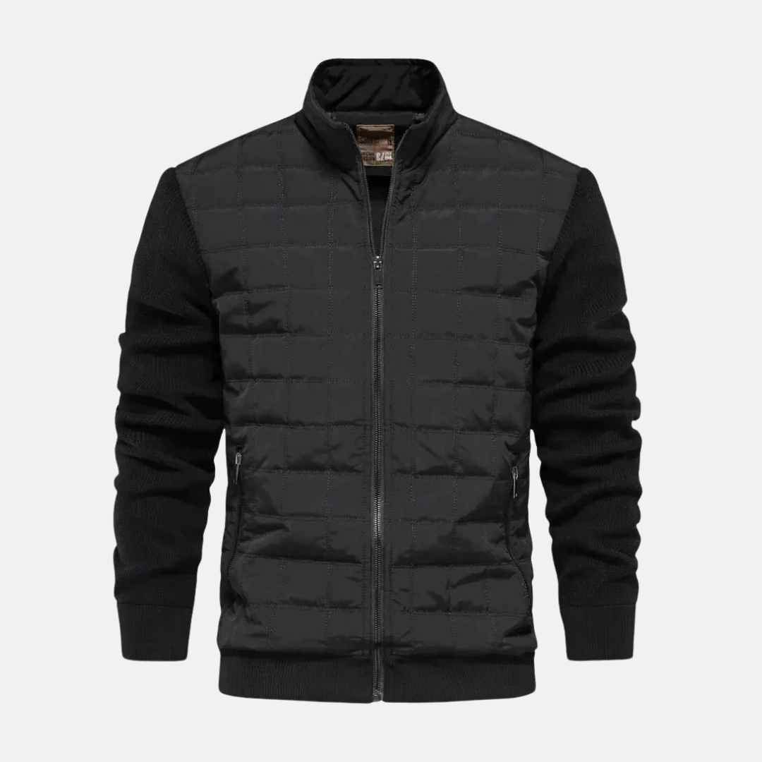 Mens Bomber Jacket With Quilted Front And Knit Sleeves Modern Fit Ribbed Trim For Style And Warmth