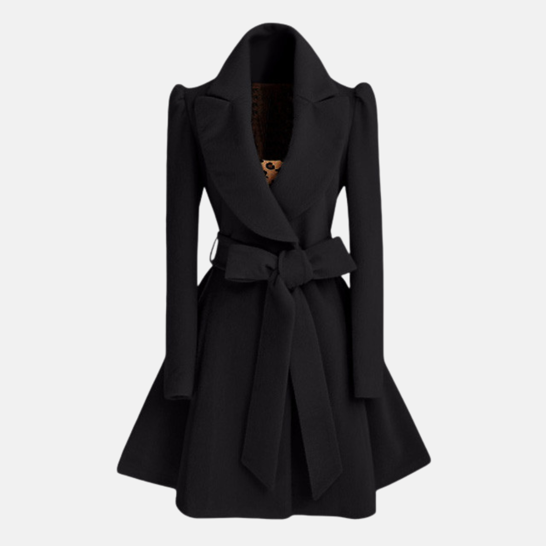 Women’s Coat – Slim Fit – Belted Waist with Bow – Wool Blend – A-Line Skirt – Long Sleeve