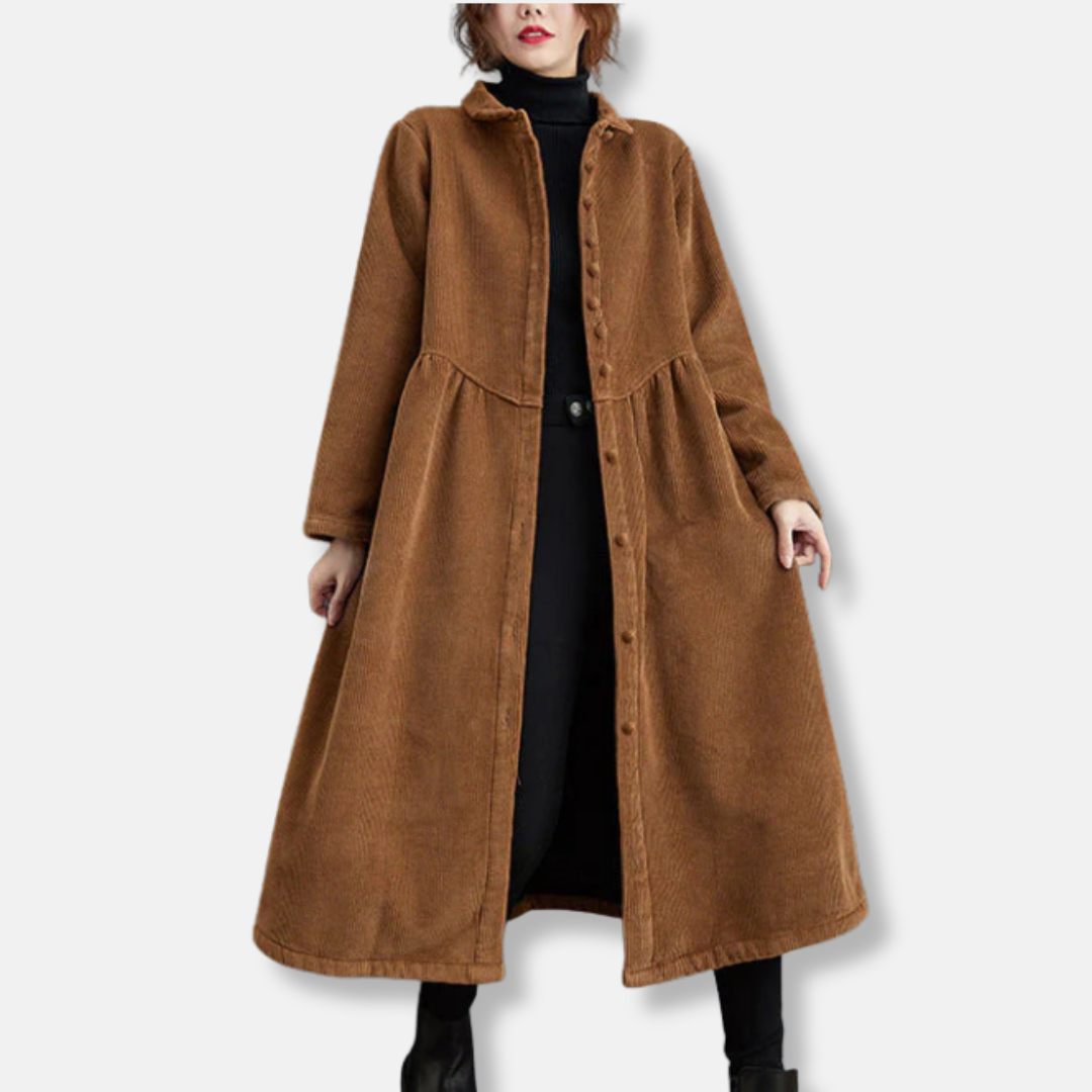 Women’s Long Coat – Corduroy Texture – A-Line Loose Fit – High Neck – Button Front – Midi Length