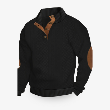 Mens Wool Knit Cable Pattern Sweater With High Collar Button Closure And Elbow Patches Nordic Flair