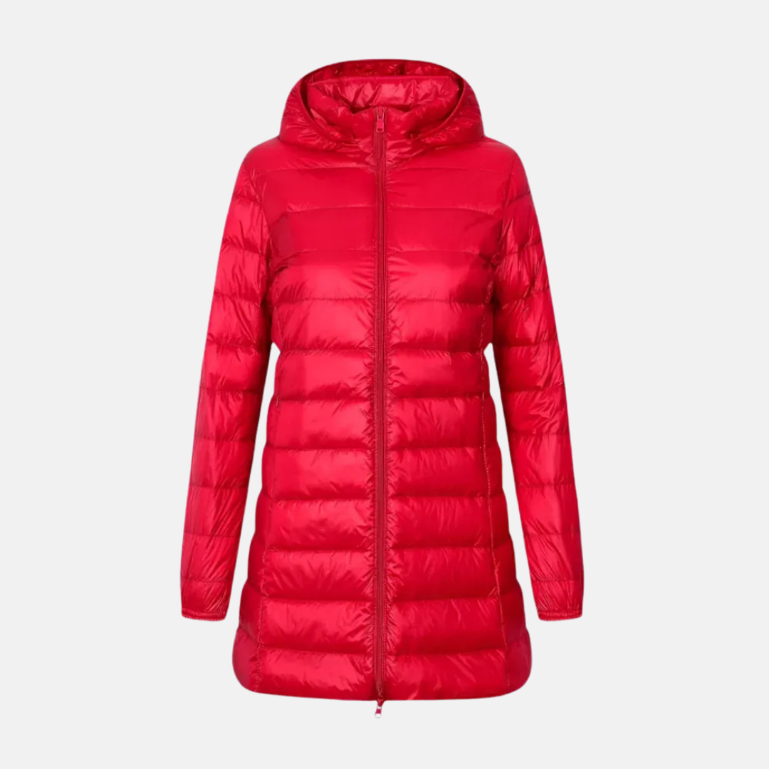 Women’s Down Jacket – Fitted Mid-Thigh Length – Quilted – Hooded – Water-Resistant