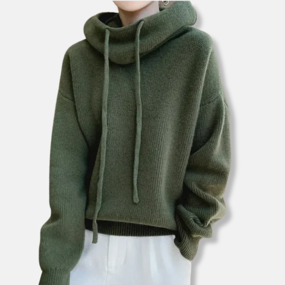 Women’s Knitted Sweatshirt – Oversized Relaxed Fit – Soft Knit – Cowl Neck with Drawstring