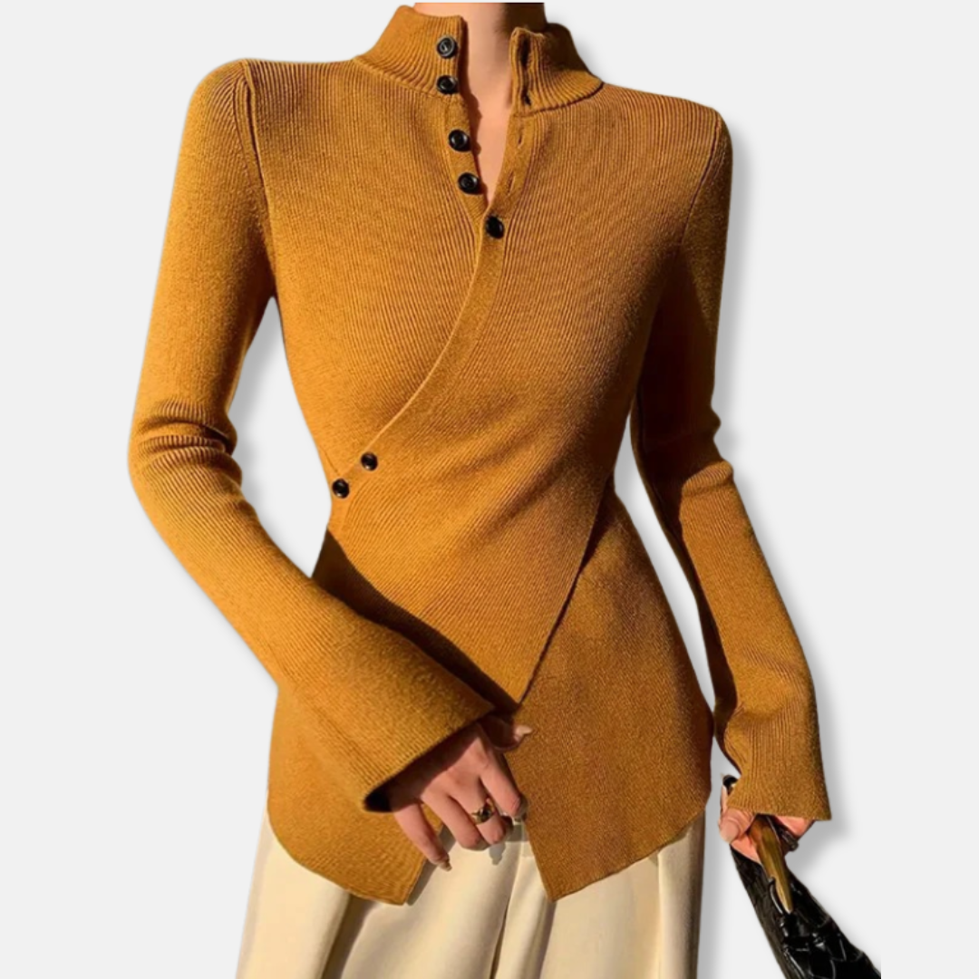 Women's Knit Sweater – Slim Fit – High Neck – Asymmetric Hem – Button Details – Long Sleeves
