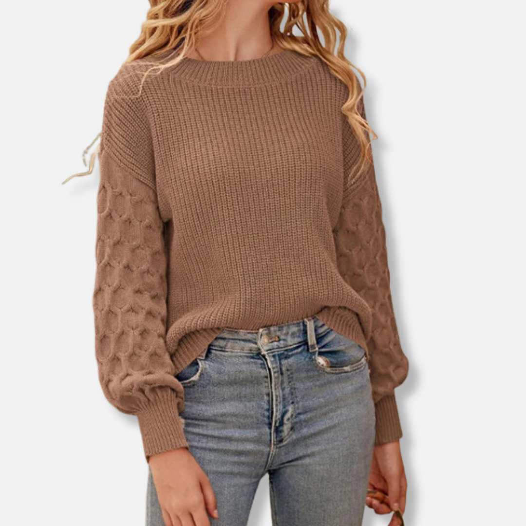 Women’s Pullover Sweatshirt - Knit - Relaxed Fit - Round Neck - Balloon Sleeves