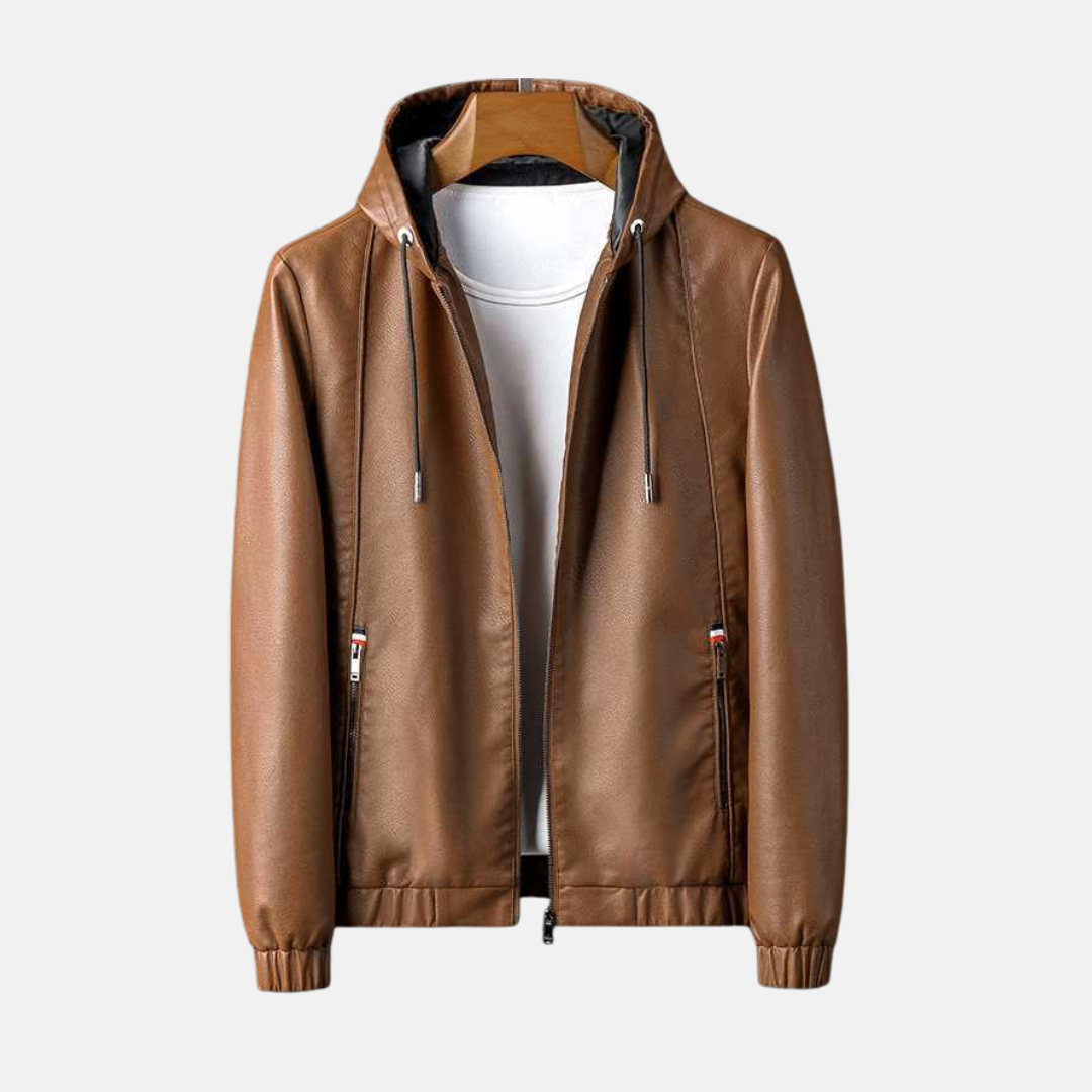 Mens Faux Leather Hooded Jacket With Zip Closure Relaxed Fit Casual Outerwear For Men TrendAura