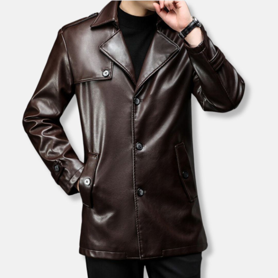 Men's Faux Leather Trench Coat Mid-Thigh Length Notched Lapel Collar Outerwear For Men
