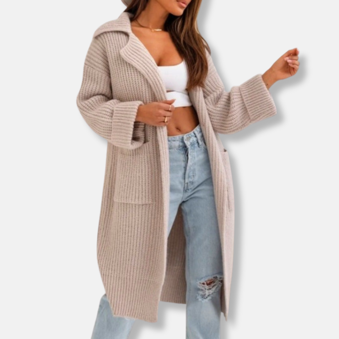 Women’s Long Knit Coat – Wool Blend – Oversized Fit – Hooded with Ribbed Texture