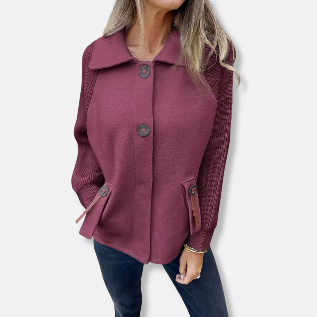 Women’s Jacket – Relaxed Fit – Textured Knit Sleeves – Lapel Collar – Button Front