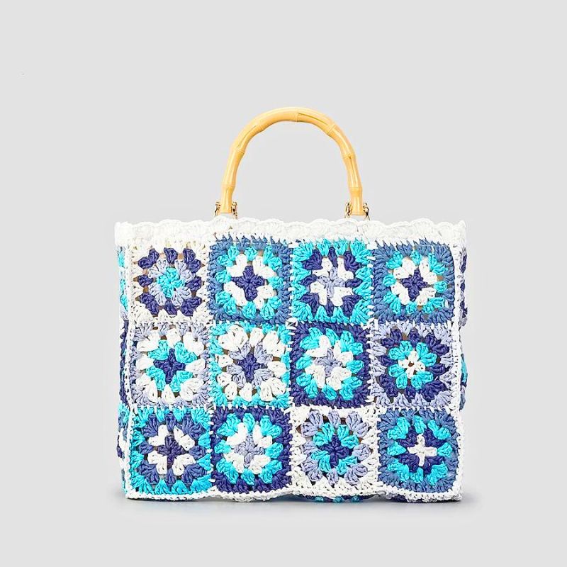 TrendAura Corly Voyage Crochet Bag - Eco Friendly Handmade Boho Tote With Woven Bamboo Handle