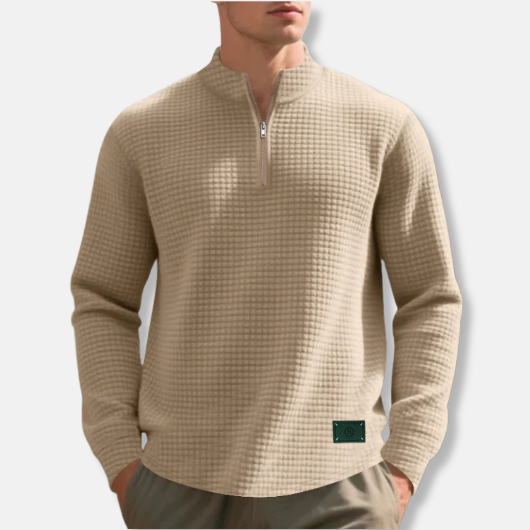 Men's Waffle Knit Regular Fit Mock Neck Quarter Zip Sweater For Cold Weather By TrendAura
