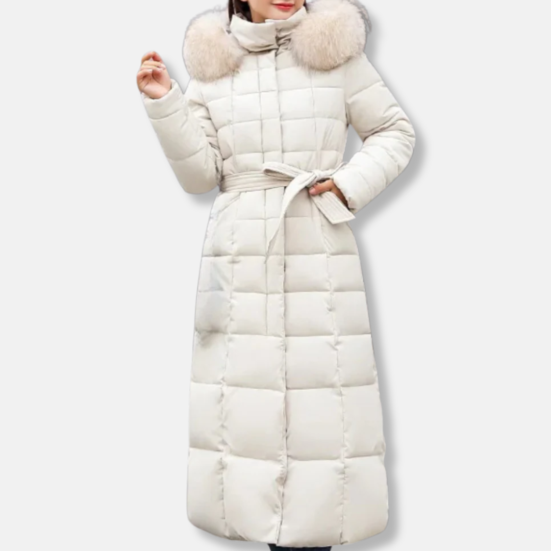 Women’s Quilted Coat – Belted Waist – Fur Hood – Long Insulated Slim Fit