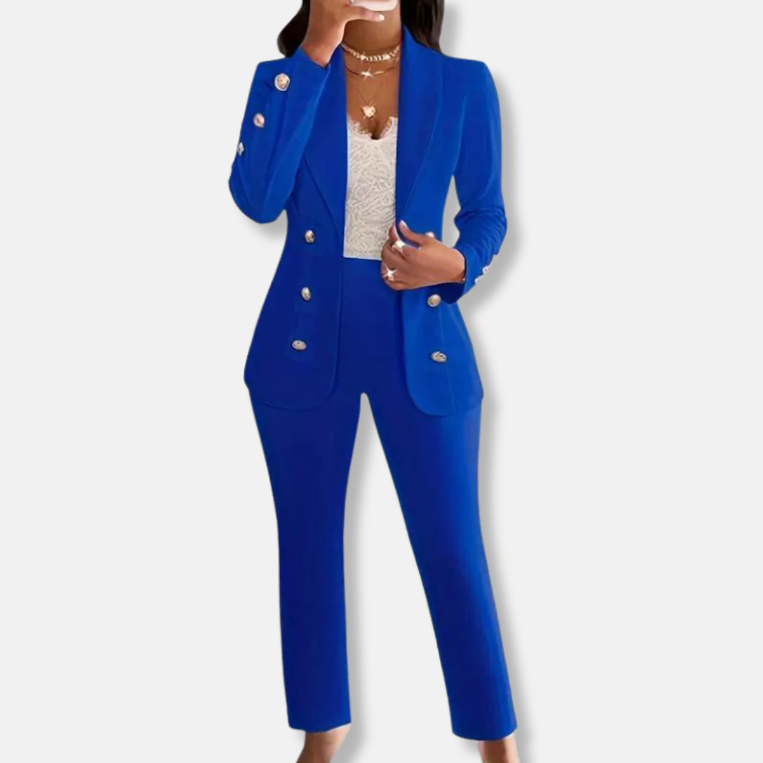Women’s Two-Piece Pants Set – Slim Fit Double-Breasted Blazer – Shawl Collar – Straight Leg Trousers