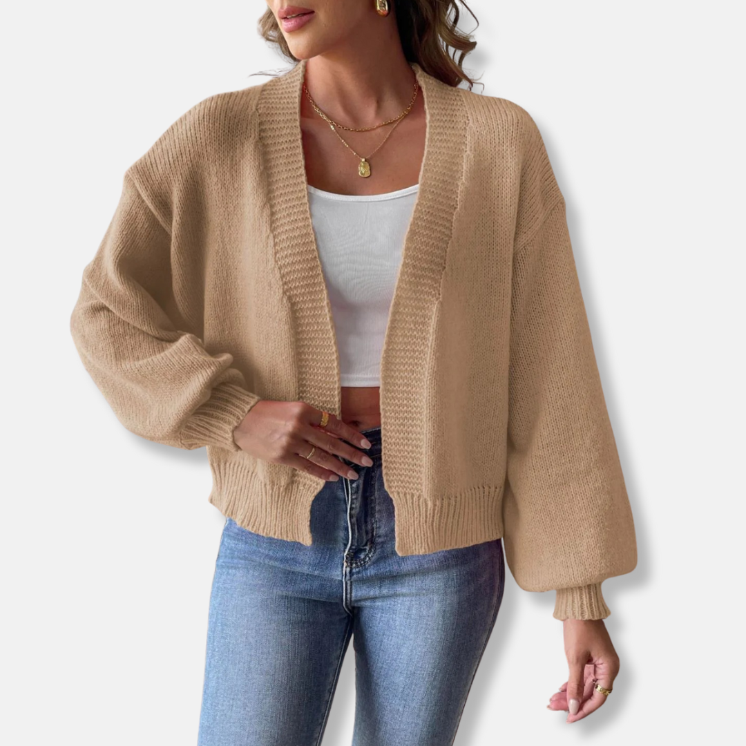Women’s Cardigan - Knit Blend - Relaxed Fit - Cropped Length - Lantern Sleeves